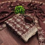 Vichitra Silk Brown Traditional Wear Embroidery Work Dress Material